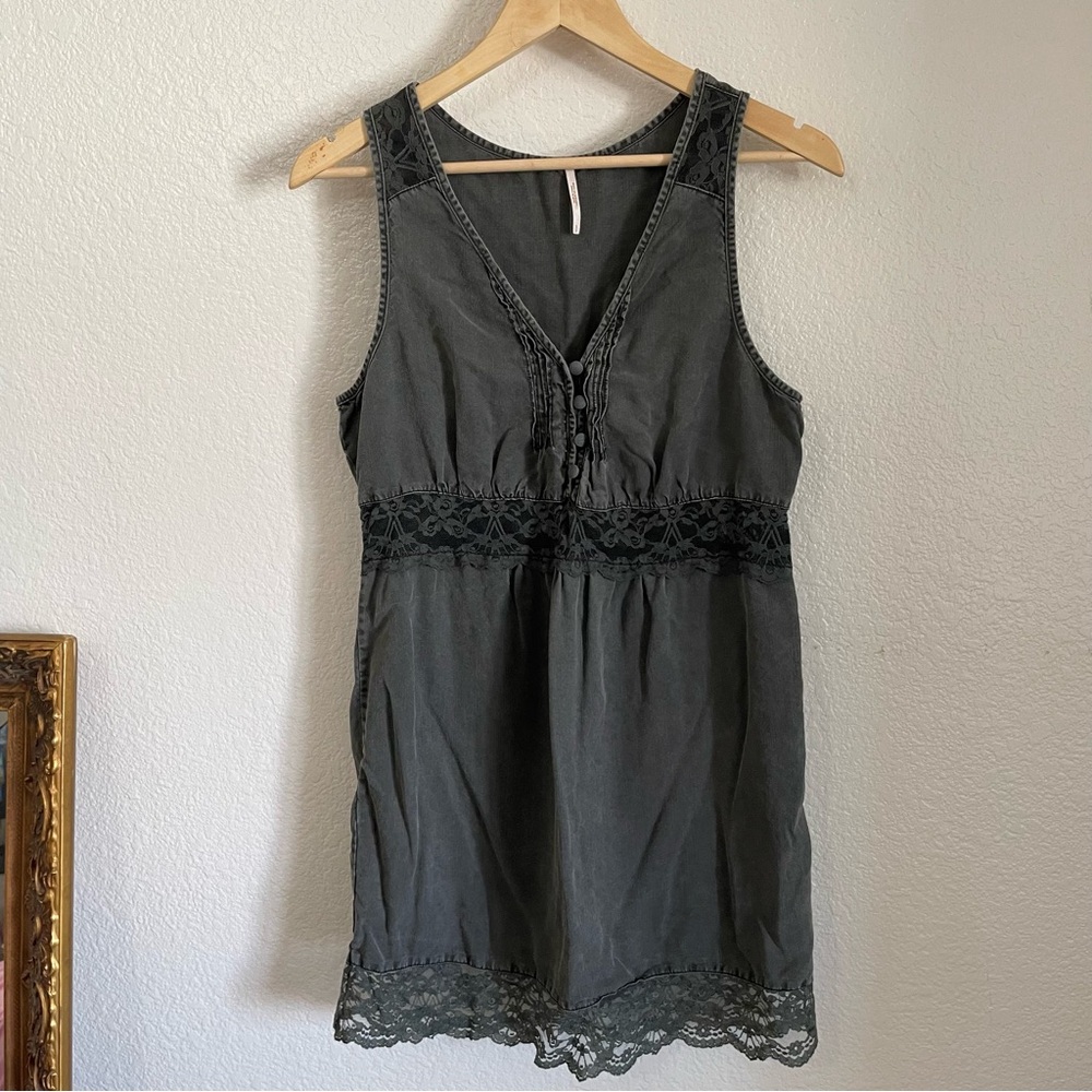 Free People Lace Trim Mini Dress Sleeveless Tank Grey Chambray Denim Button Up S